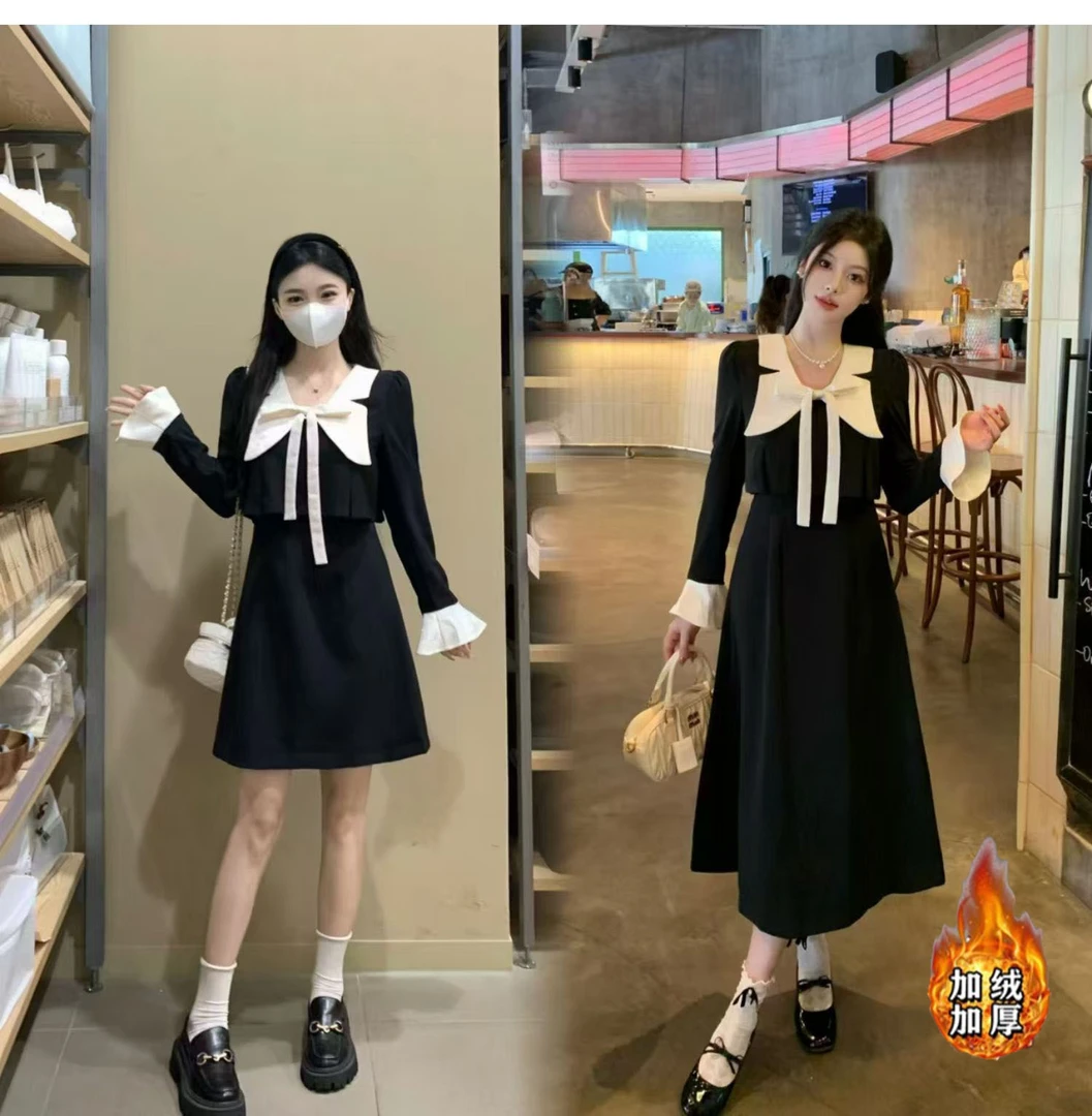 （现货）加绒假两件连衣裙设计感减龄高腰蝴蝶结秋冬显瘦裙1615