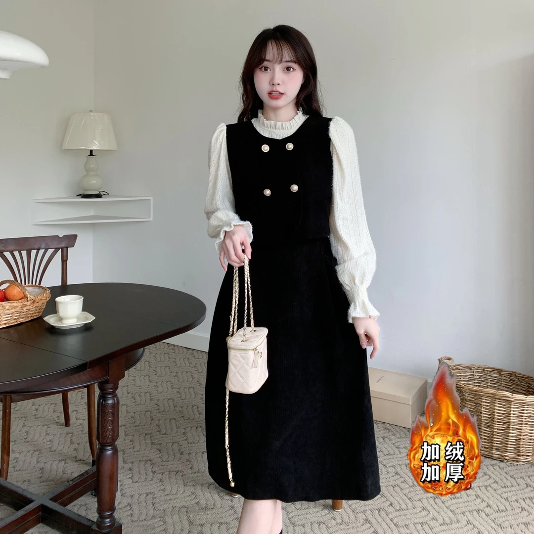 大码胖mm秋季法式假两件高级感小黑裙气质名媛收腰显瘦连衣裙1422