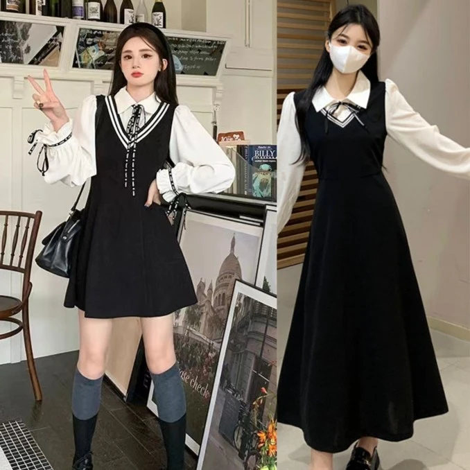 假两件polo领连衣裙学院风黑色裙子胖mm遮肉显瘦裙1355