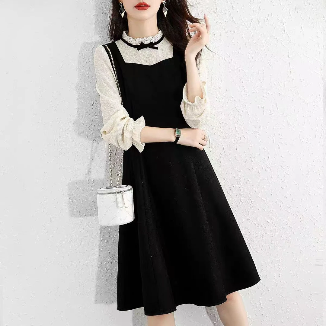 （现货清货）时尚假两件连衣裙春秋新款长袖收腰显瘦气质A字裙1582