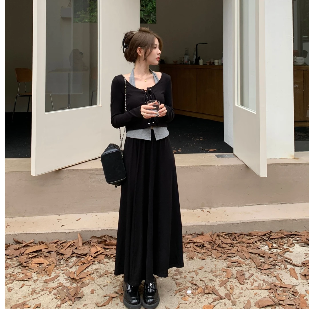 （现货）短款系带T恤辣妹挂脖背心新款高腰半身裙时尚三件套1580