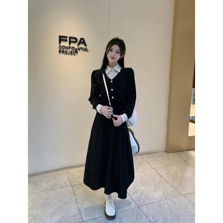 （现货清货）大码长袖假两件连衣裙冬季新款胖mm高腰显瘦复古裙1404