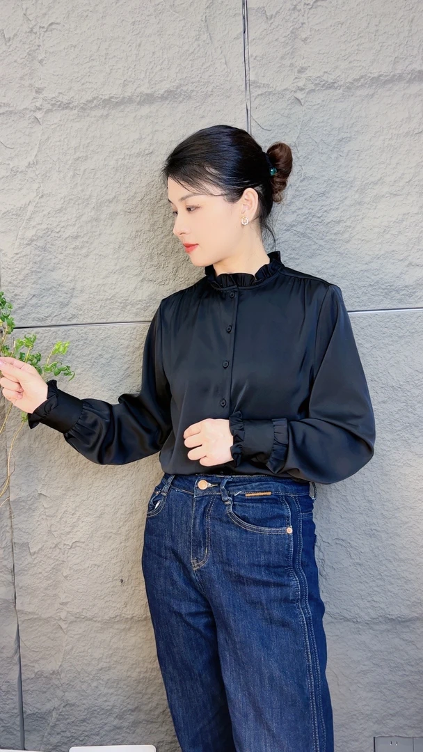 如姐-木耳花边领百搭女士纯色舒适气质简约花边领衬衫CS1079