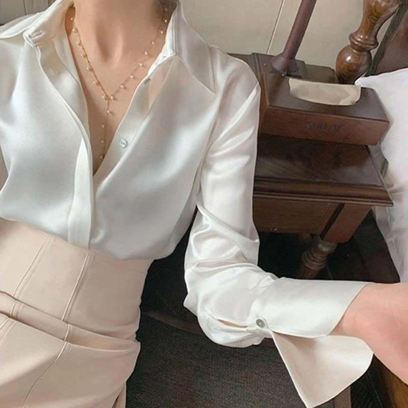如姐CS1025新款法式气质长袖缎面衬衣设计感V领丝质醋酸白衬衫