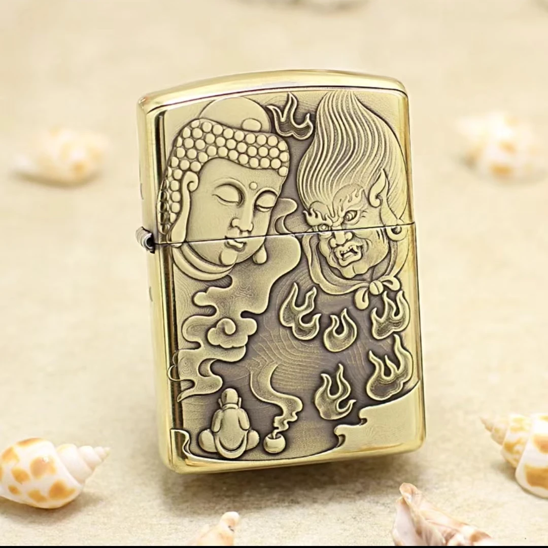 ZIPPO打火机168机型盔甲加厚精雕善恶一念杯子套装双面防风盔甲机