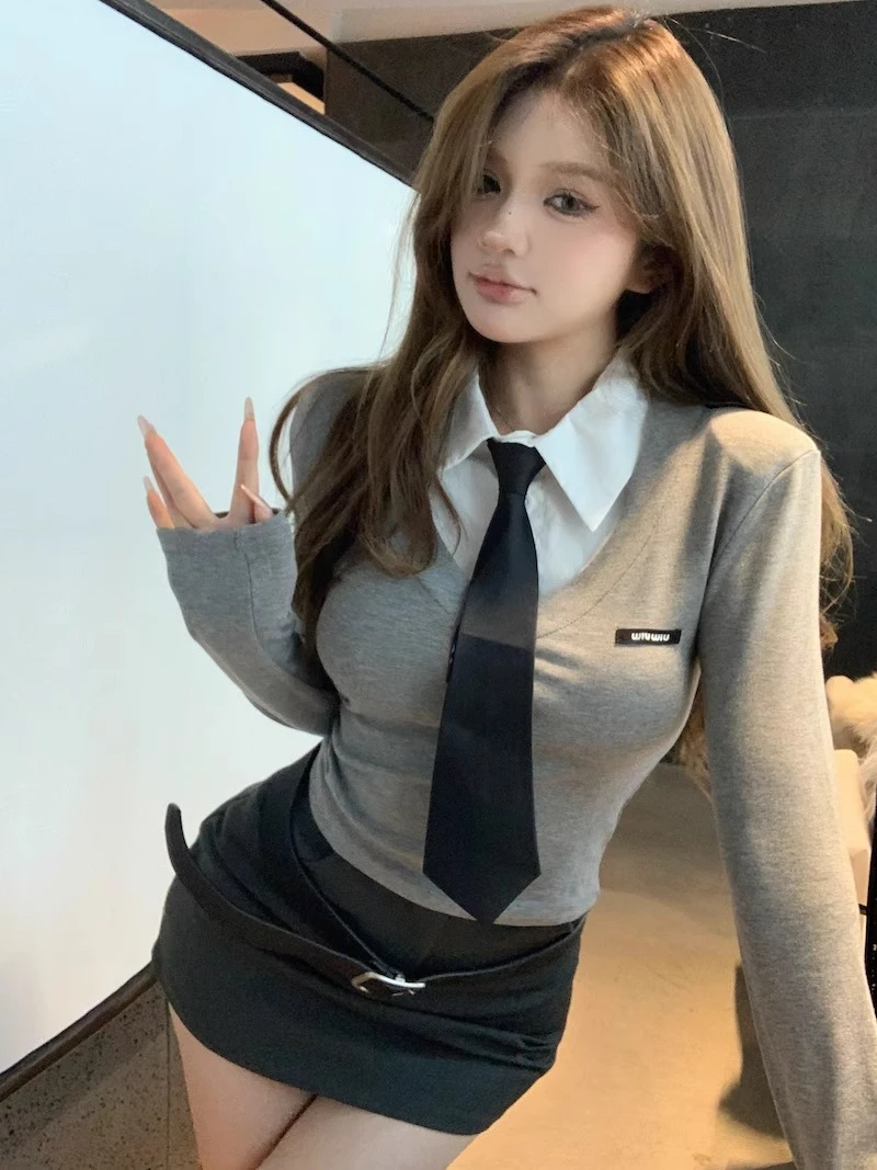 假两件撞色JK制服t恤长袖女上衣秋季新款polo领修身显瘦学院辣妹