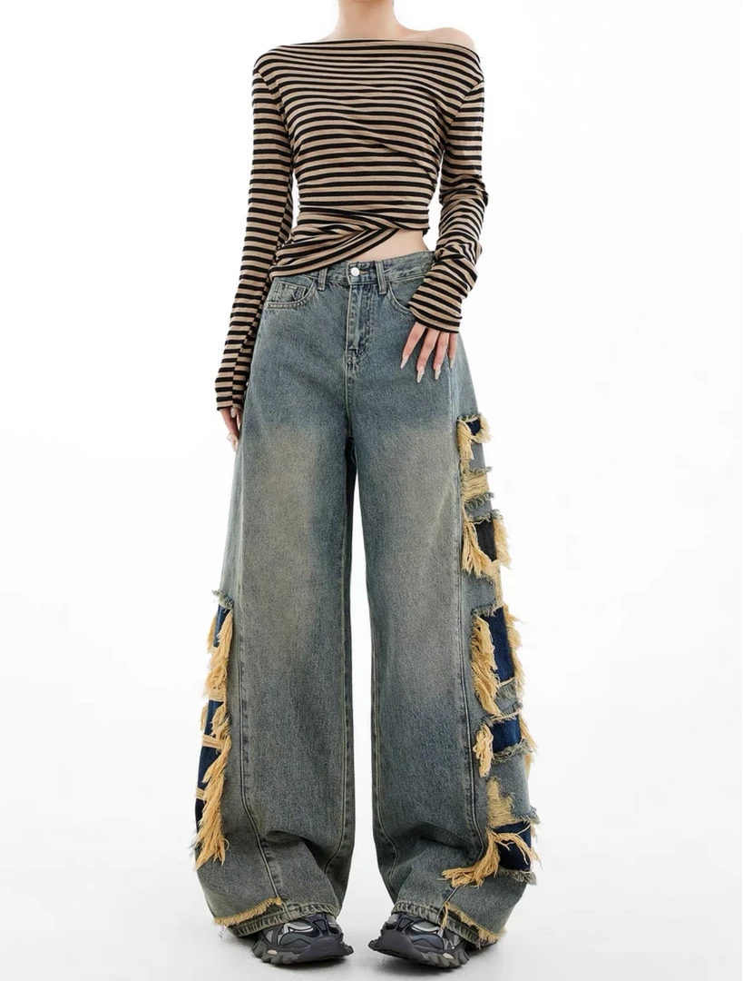 美式牛仔裤女多口袋工装裤冬季高腰直筒阔腿拖地裤10589