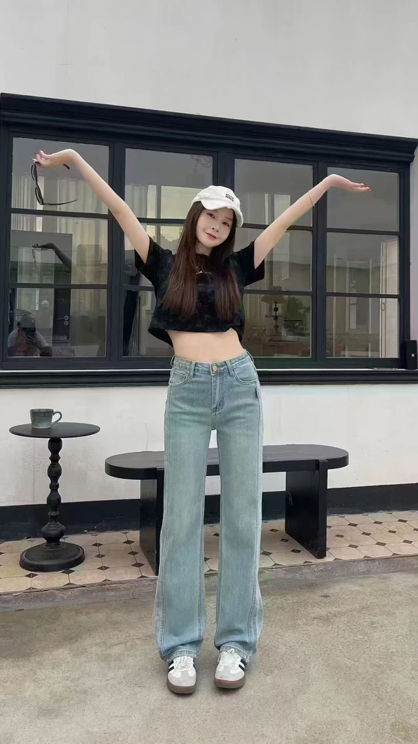 秋冬新款女装设计感阔腿牛仔裤高腰显瘦直筒拖地长裤8607
