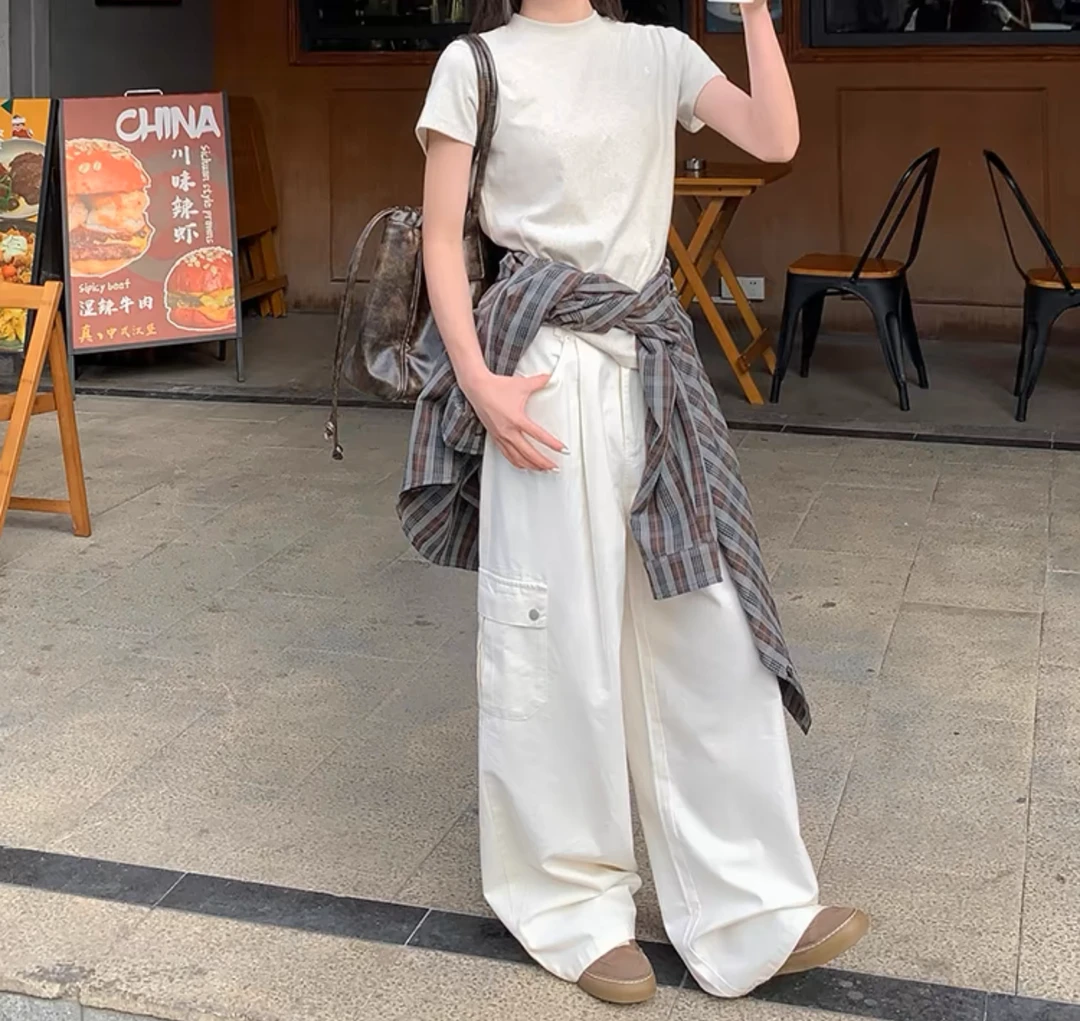 白色直筒工装裤女款阔腿裤秋冬新款宽松休闲拖地长裤8680