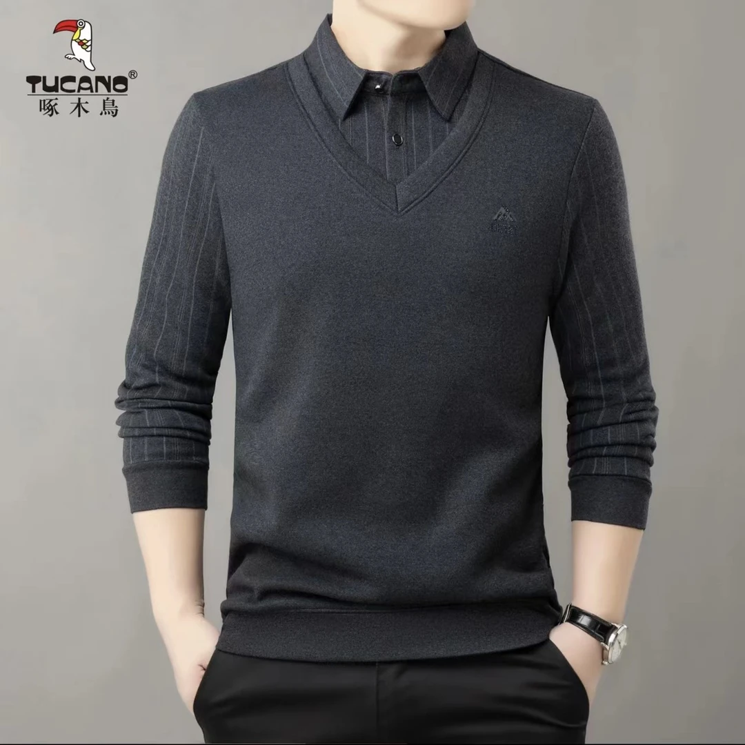 TUCANO/啄木鳥秋冬商务休闲男士加绒加厚翻领假两件长袖保暖高档