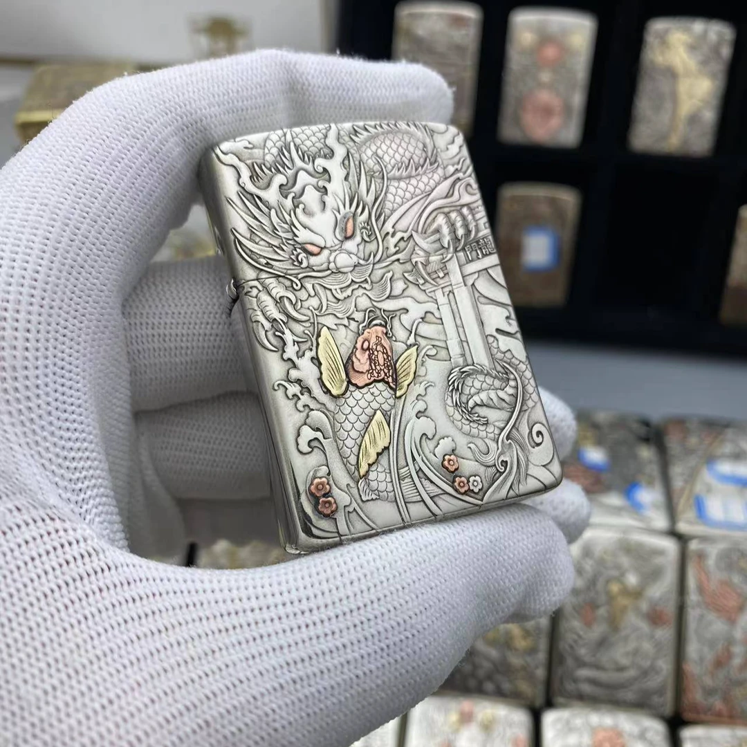 ZORRO正品佐罗白铜902s盔甲机浮雕镶嵌鲤鱼跃龙门打火机送礼收藏