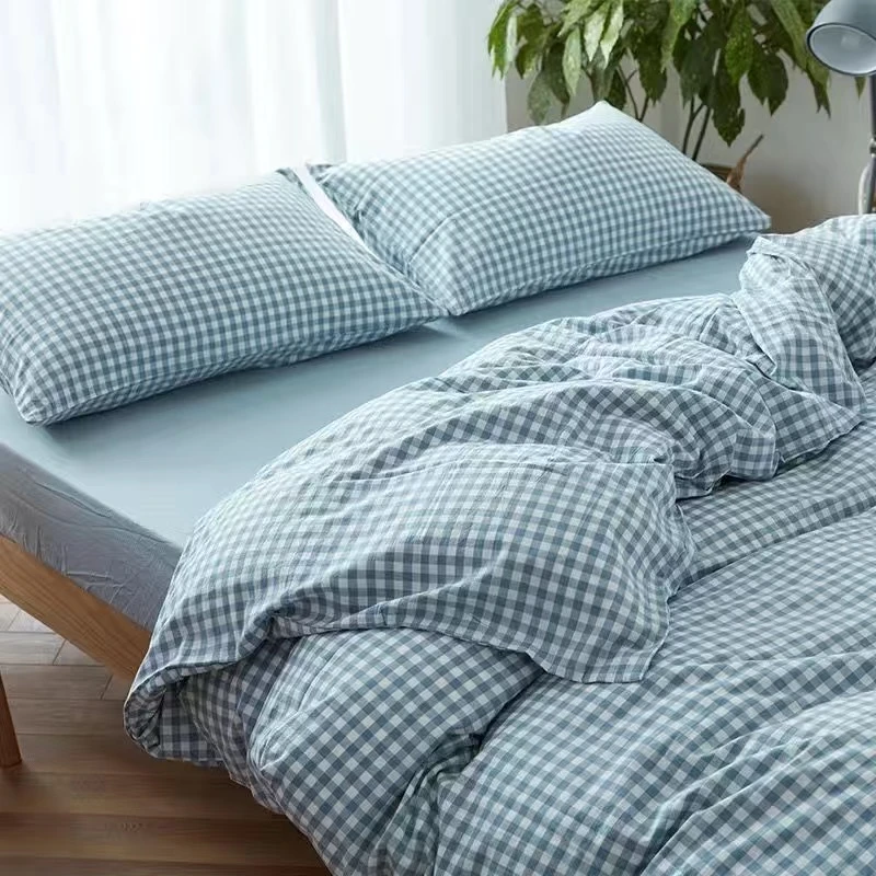 欧式100%纯棉色织良品水洗棉被套双人单人全棉小格子条纹被罩定制