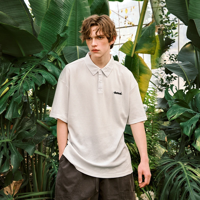 SUAMOMENT抓痕刺绣字母翻领polo衫夏季休闲短袖宽松T恤024XDX064