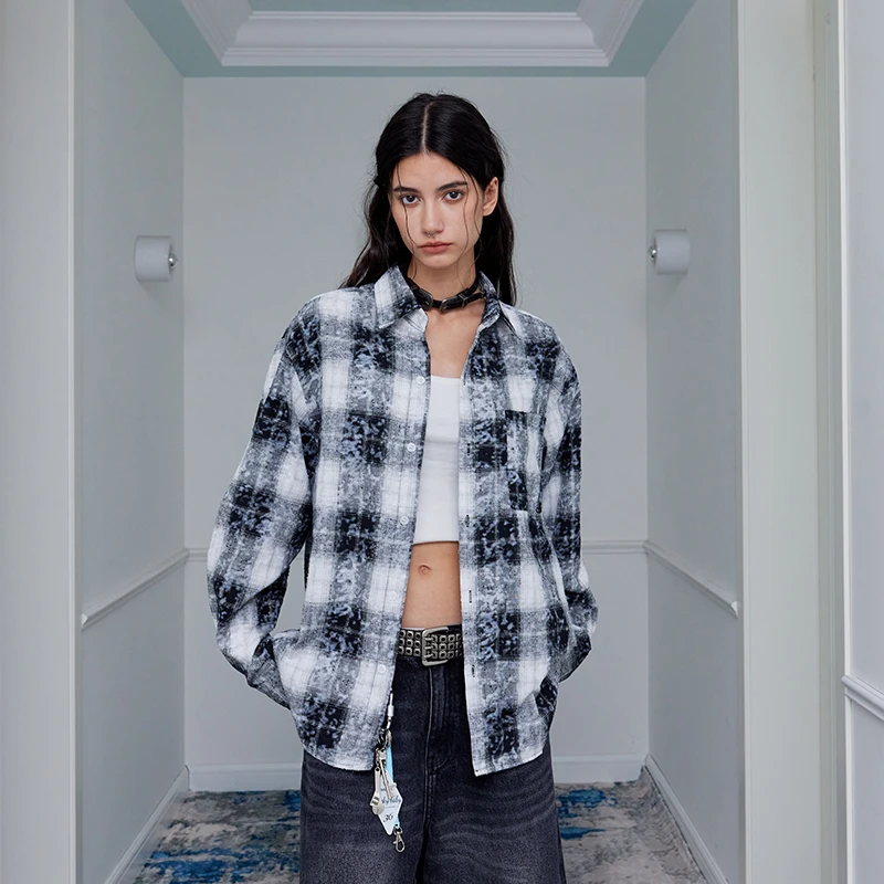 SuaMoment抓痕雪花扎染格纹衬衫男女秋新款休闲宽松复古潮牌衬衣