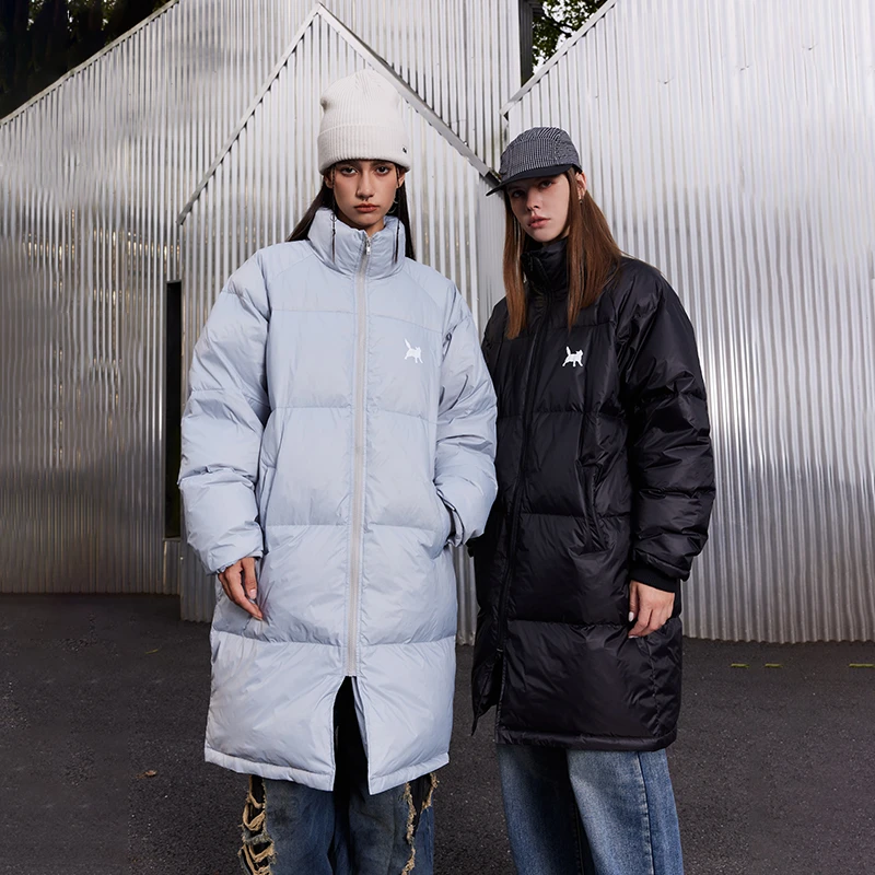 SuaMoment剪影猫咪刺绣长款插肩袖羽绒服男白鸭绒轻薄百搭冬外套