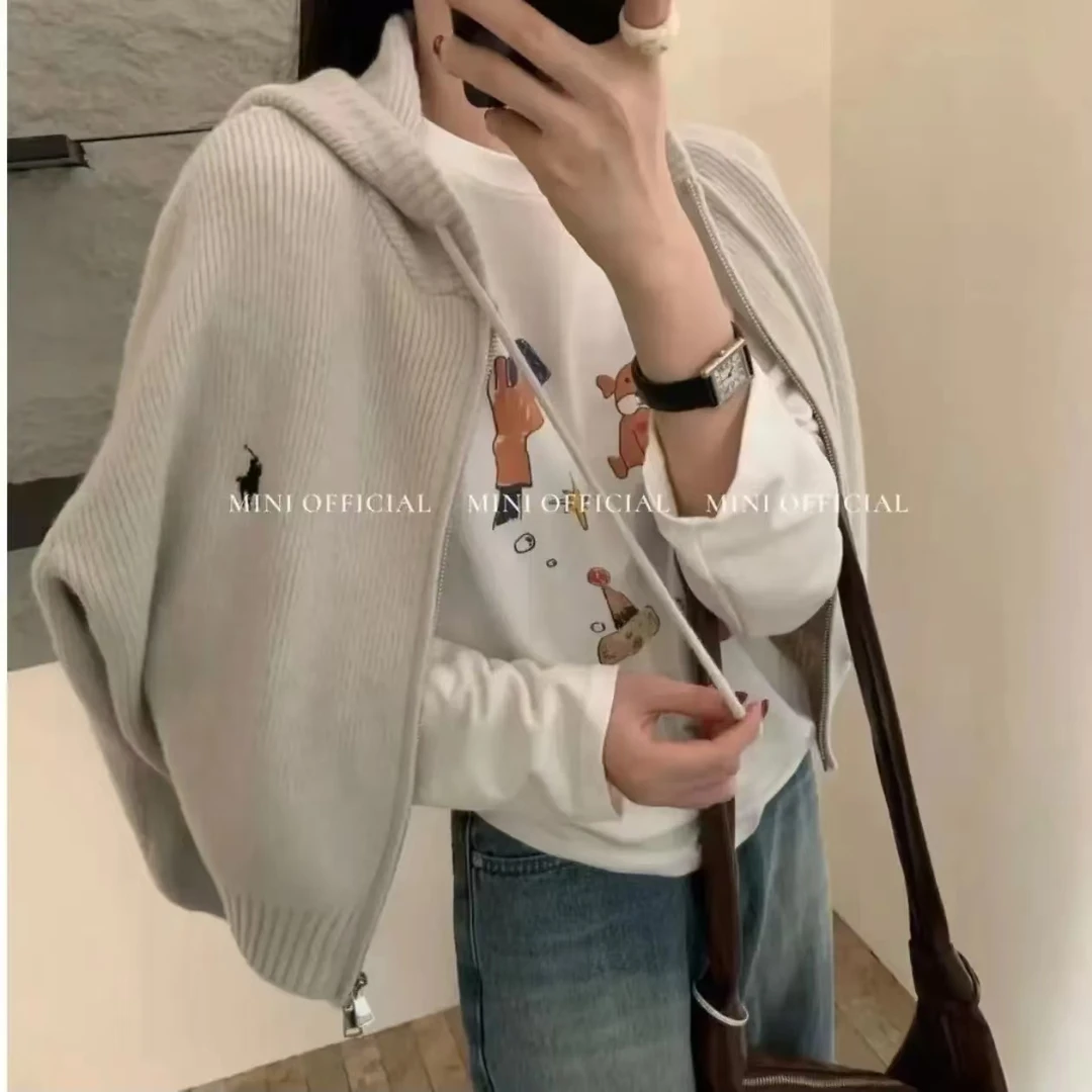 时髦精必备秋冬韩版刺绣连帽拉链针织开衫女慵懒风外套百搭