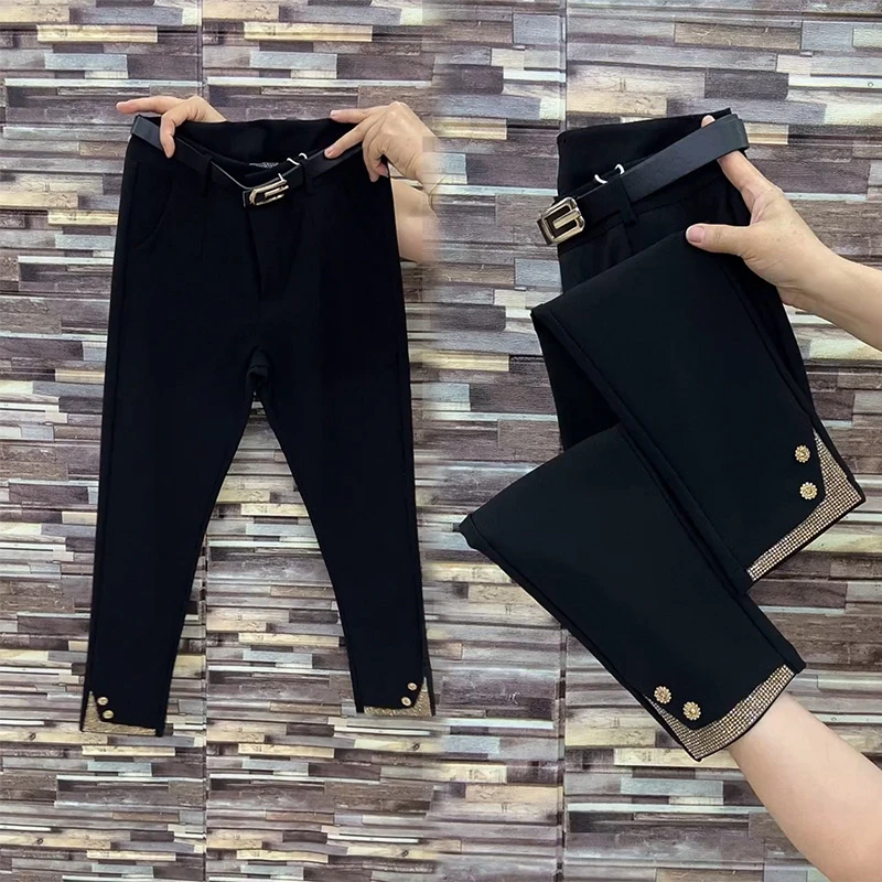 小黑裤子女春秋新款韩版显瘦百搭裤脚贴钻西装裤九分直筒裤小西裤
