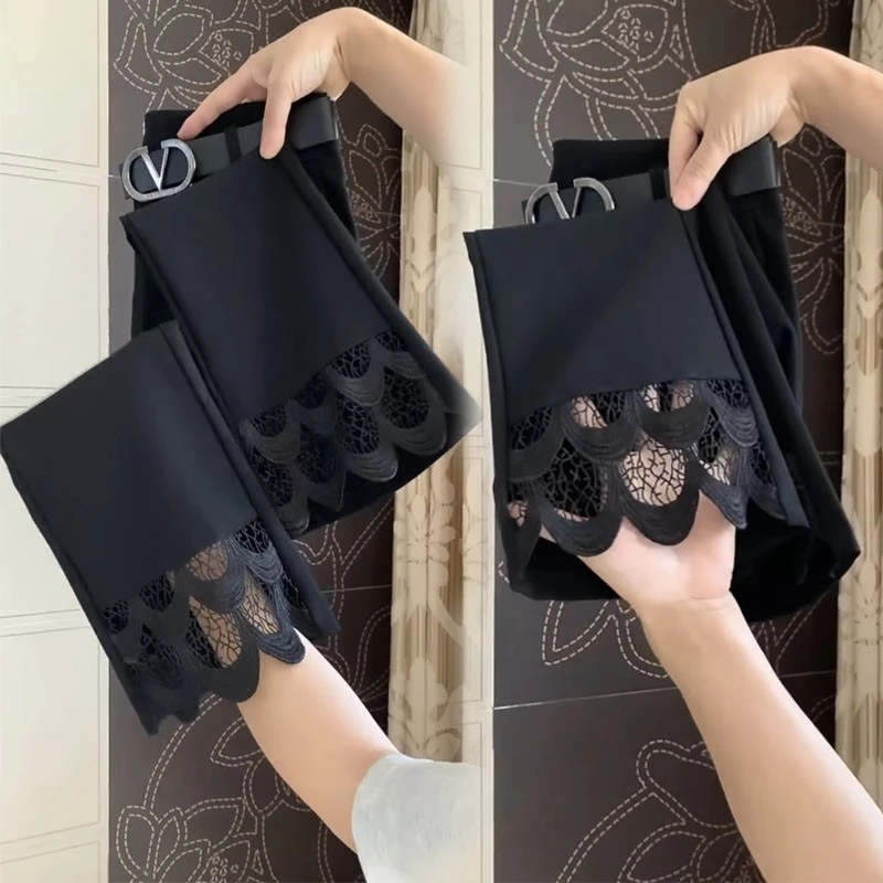 微喇叭裤子女2024春秋新款韩版裤脚拼接蕾丝凤尾九分裤直筒裤西裤