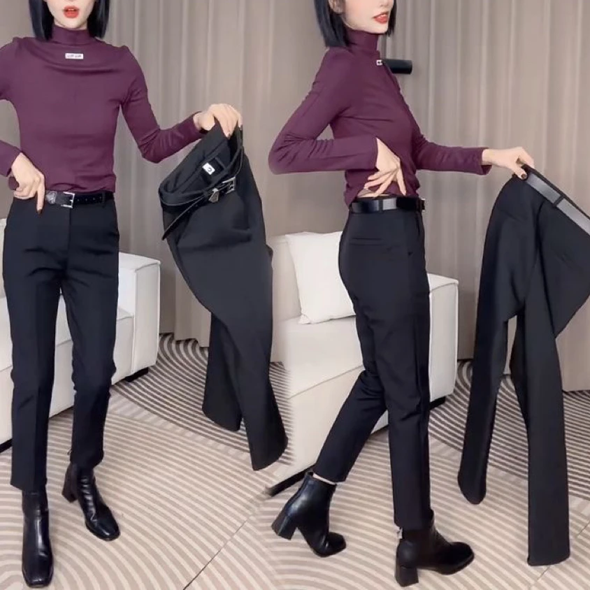 加绒直筒裤女冬季新款显瘦百搭高腰小黑裤九分裤保暖小西裤休闲裤