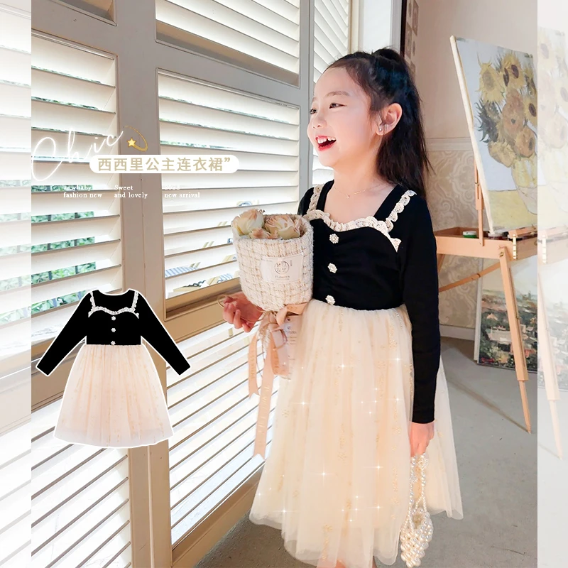 【蓝鲸鱼】女童连衣裙春秋2023新款儿童网纱拼接蕾丝西西里公主裙