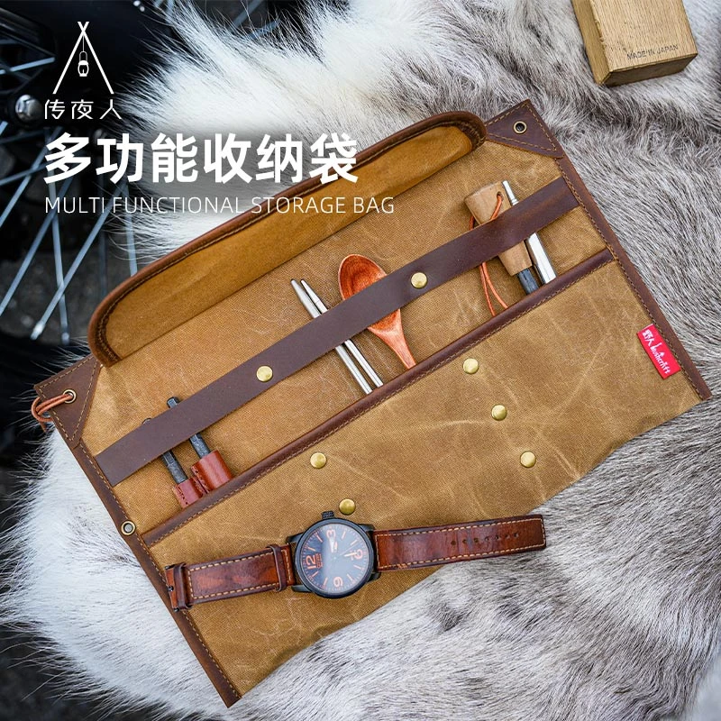 户外野营油蜡帆布牛皮工具袋厨具便携收纳包多功能包卷