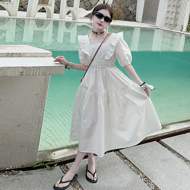 「麦哆哆」120-170女童中大童夏季时髦洋气潮酷法式气质花边连衣裙