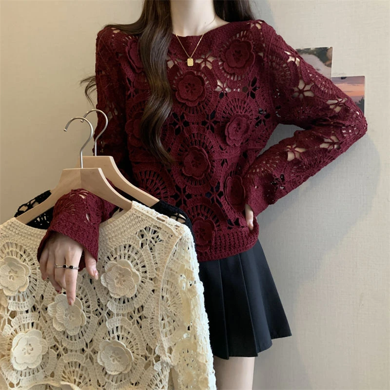 法式钩花镂空慵懒风针织罩衫秋冬网红ins风安可拉红立花朵上衣
