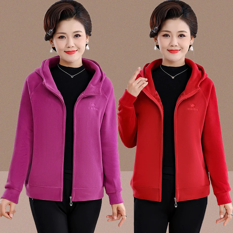 中年妈妈秋冬款女装休闲奥粒绒加绒保暖卫衣中老年人御寒连帽外套