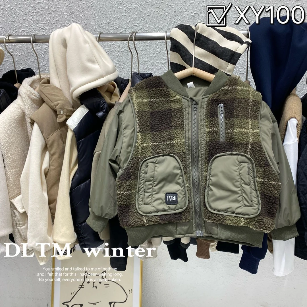 100儿童冬款夹棉毛毛外套棕绿