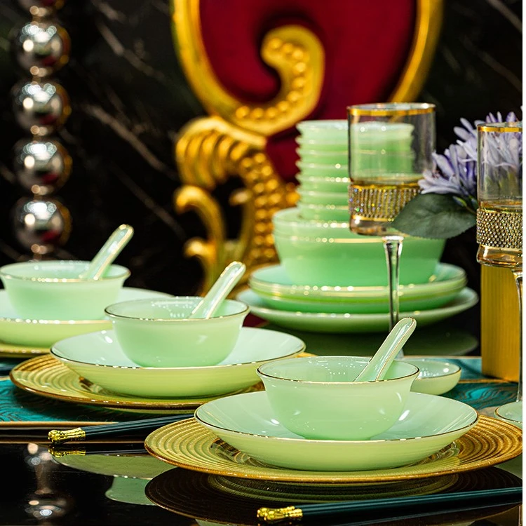 33头景德镇青玉瓷轻奢高档餐具碗盘新中式简约乔迁碗碟筷套装家用
