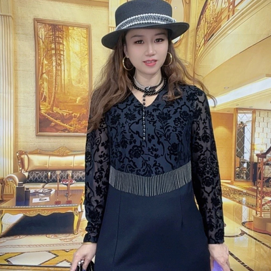 5631中长款蕾丝裙子假两件拼接气质长袖连衣裙