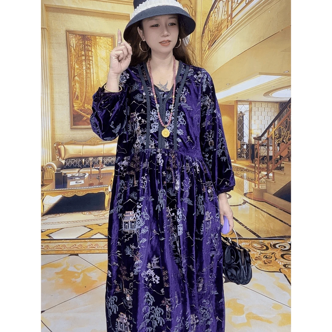 1702连衣裙万针刺绣花显瘦气质时尚夏季宽松长袖轻奢印花