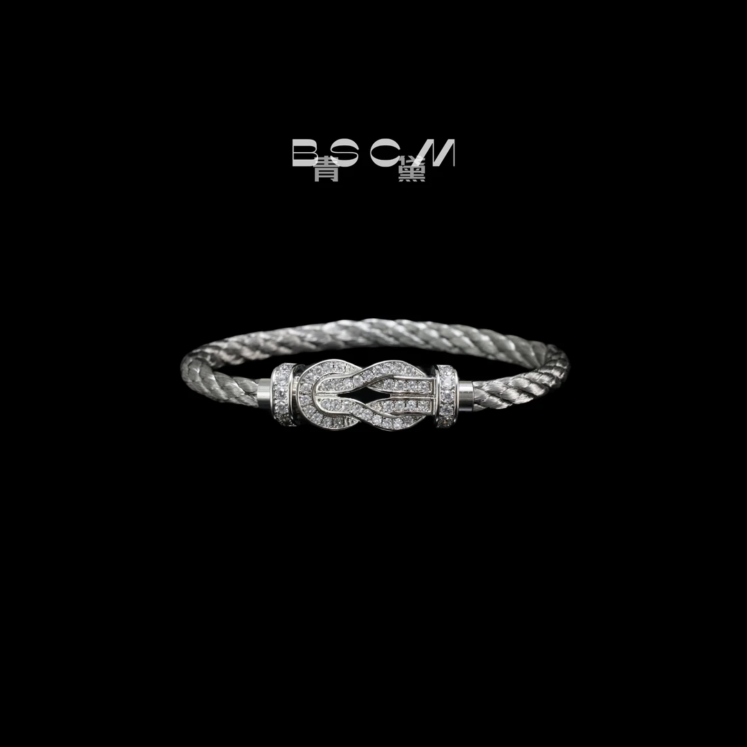 钛钢合成锆石手镯 素款编绳小众复古编织黑色马蹄扣手链小众复古