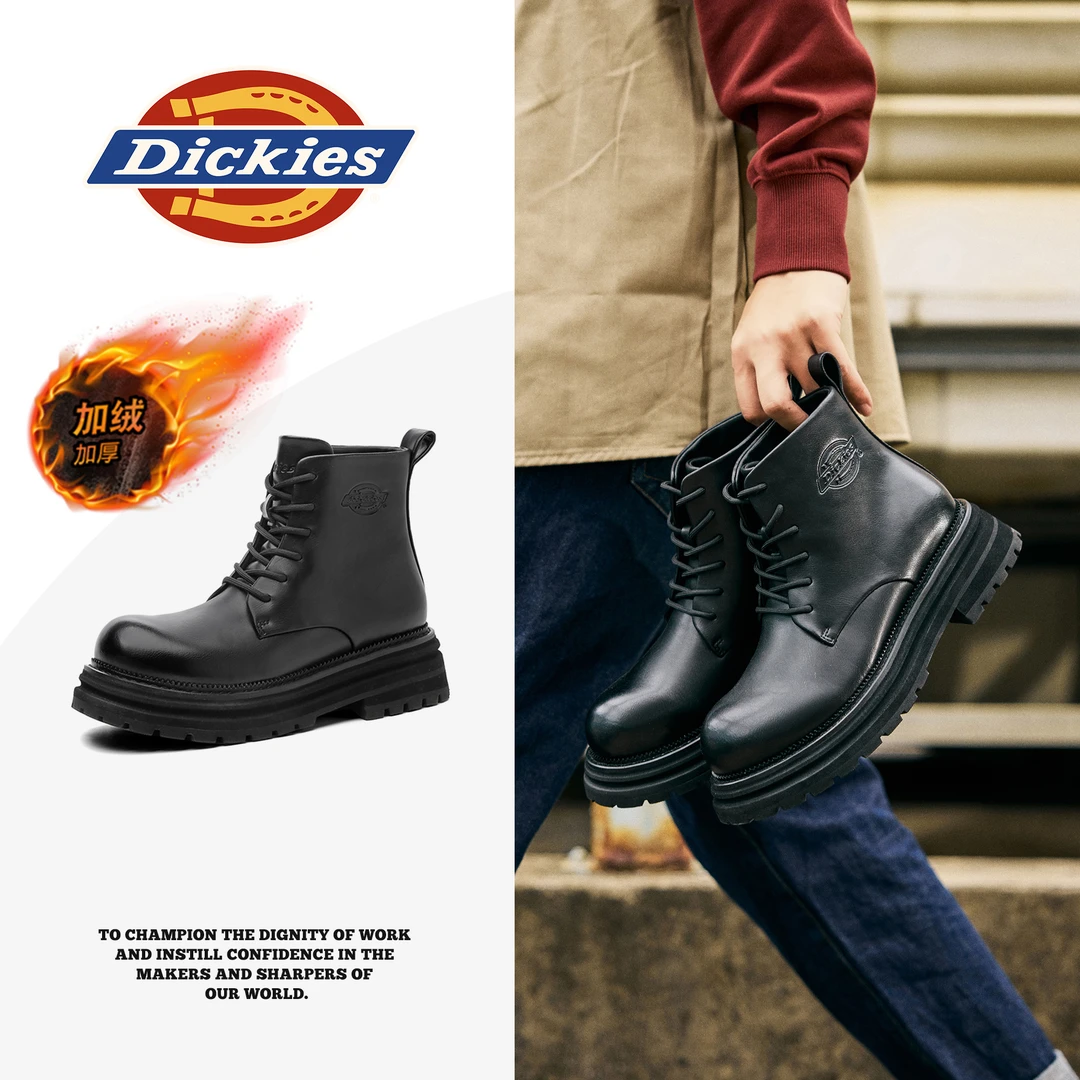 Dickies黑色德比翘头情侣马丁靴2025冬季厚底增高皮靴英伦工装靴