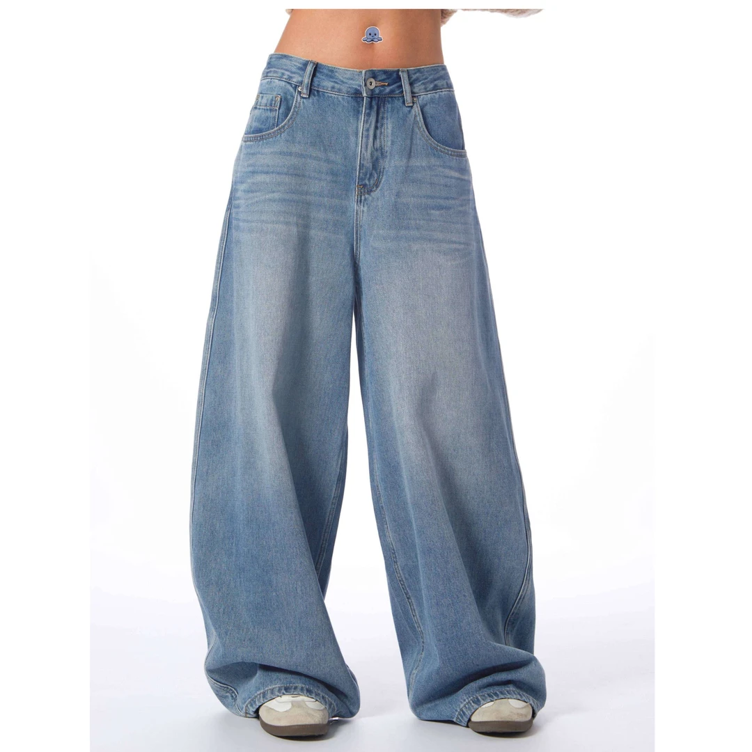 时尚阔腿弯刀裤牛仔裤美式女装设计水洗百搭休闲裤 1935