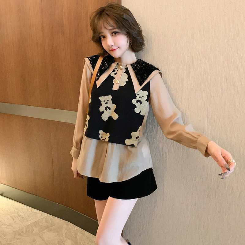 【现货】MIUCO提花小熊针织拼接亮片披肩翻领假两件上衣女衬衫