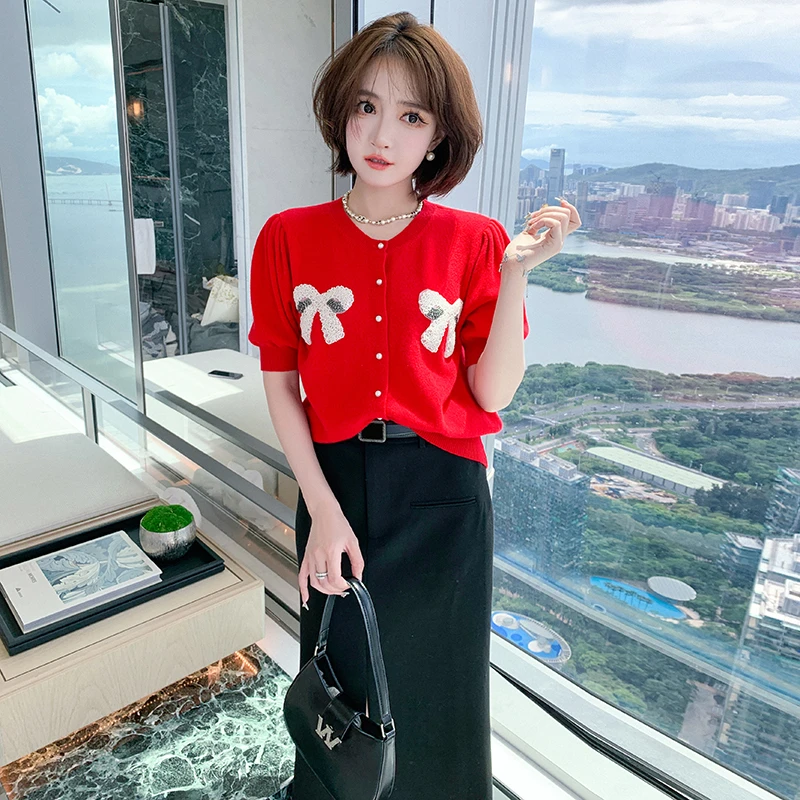 【现货】MIUCO重工钉珠蝴蝶结单排扣泡泡短袖香风针织开衫女装