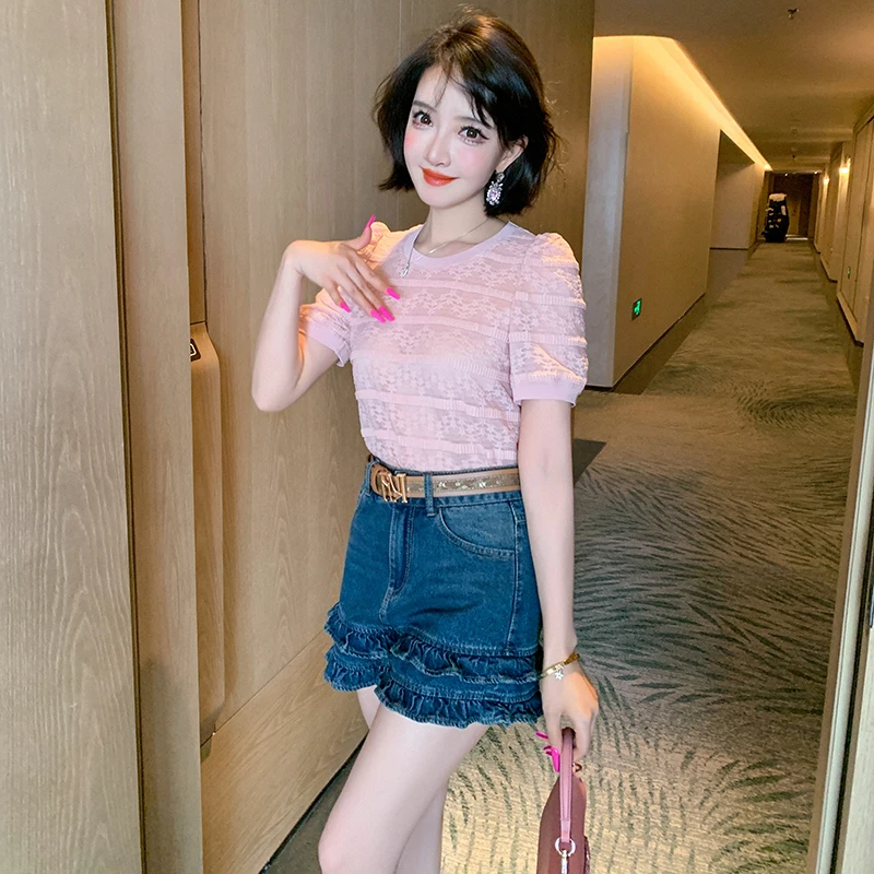 【现货】MIUCO粉色浪漫立体提花条纹肌理泡泡肩袖圆领T恤上衣