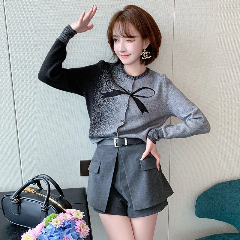 【现货】MIUCO渐变色蝴蝶结提花圆领长袖针织开衫