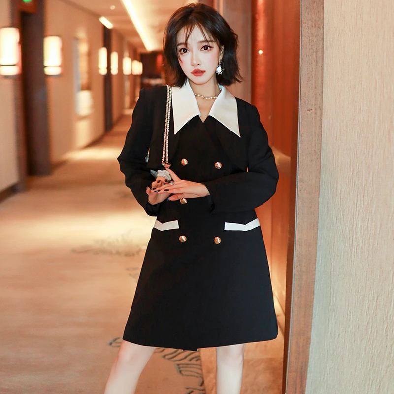 MIUCO短款小外套+撞色翻领叠襟双排扣收腰显瘦连衣裙两件套