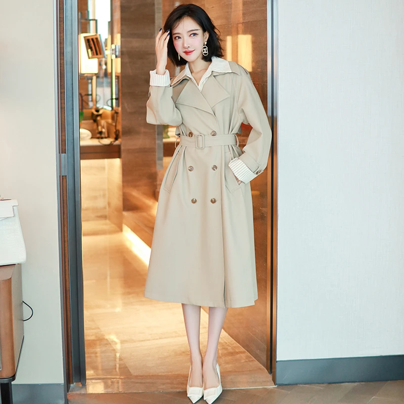 MIUCO假两件拼接条纹衬衫翻领双排扣束腰带中长款风衣外套