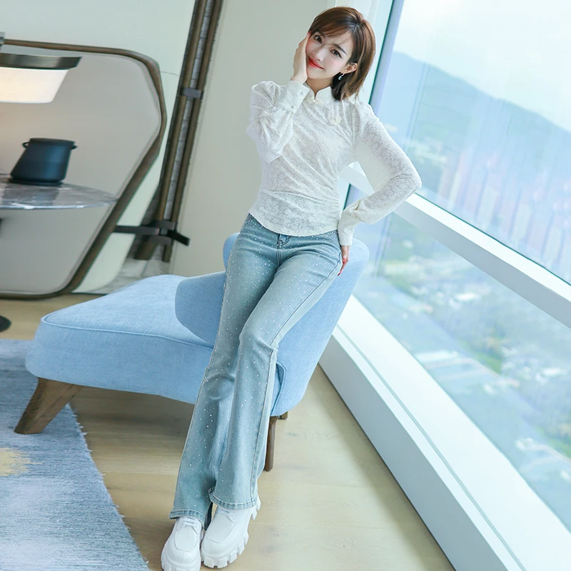 【现货】MIUCO中式提花立领斜襟衬衫+闪闪烫钻牛仔喇叭裤套装