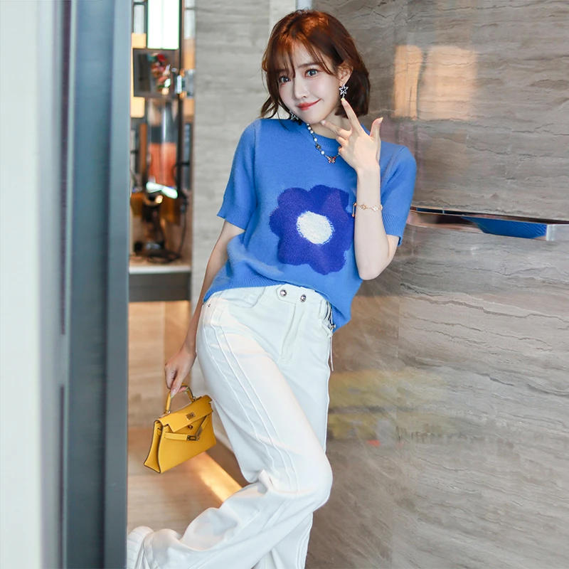 MIUCO克莱因蓝气质显白美貌花朵提花毛针织衫T恤上衣