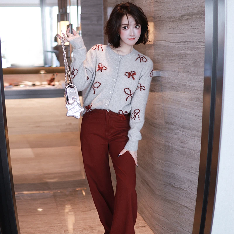 【现货】MIUCO蝴蝶结提花针织衫T8078