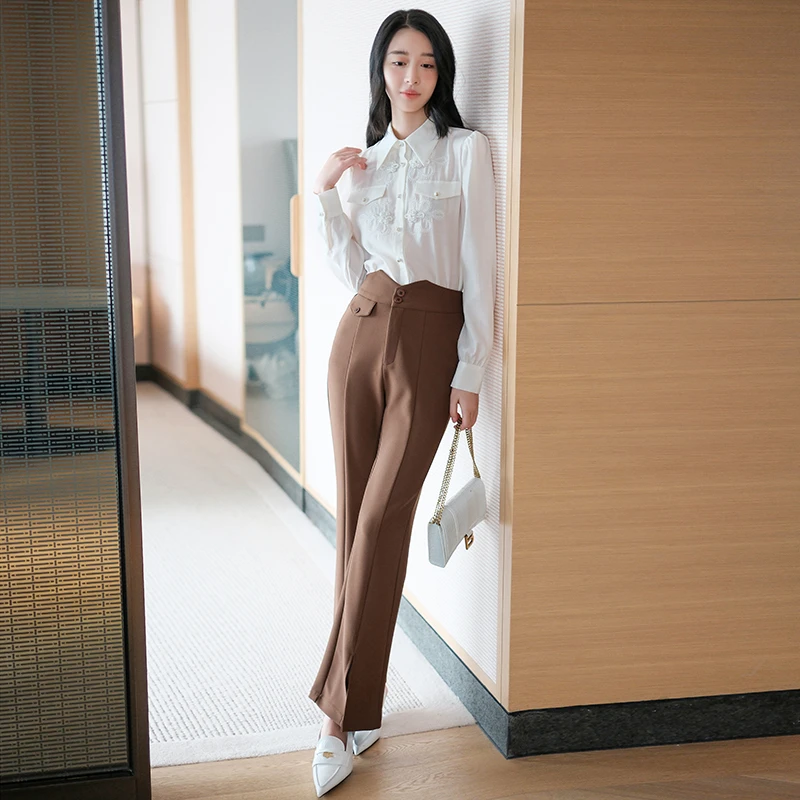 【现货】MIUCO高品质刺绣盘花白衬衫+气质通勤简约卡其西装裤套装