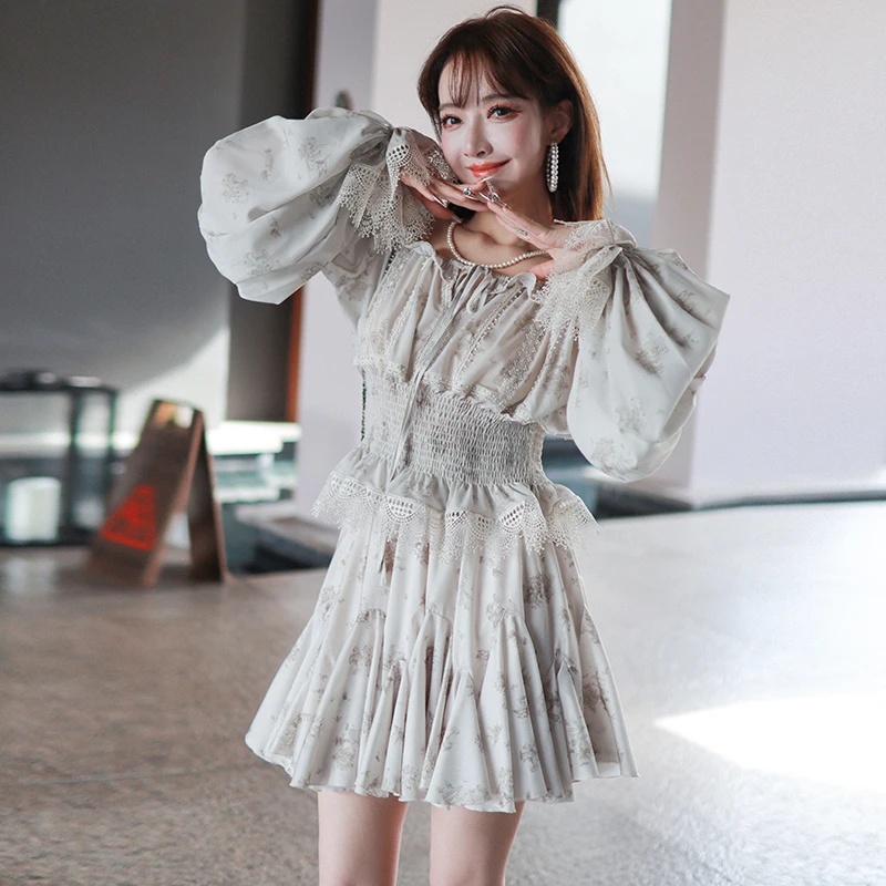 【BS-P】法式印花收腰蕾丝一字领上衣+蓬蓬半裙套装女
