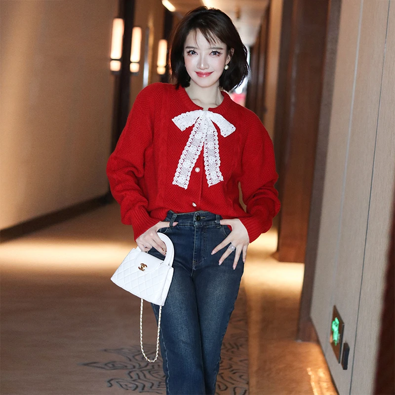 【现货】MIUCO针织法式红蕾丝蝴蝶结上衣