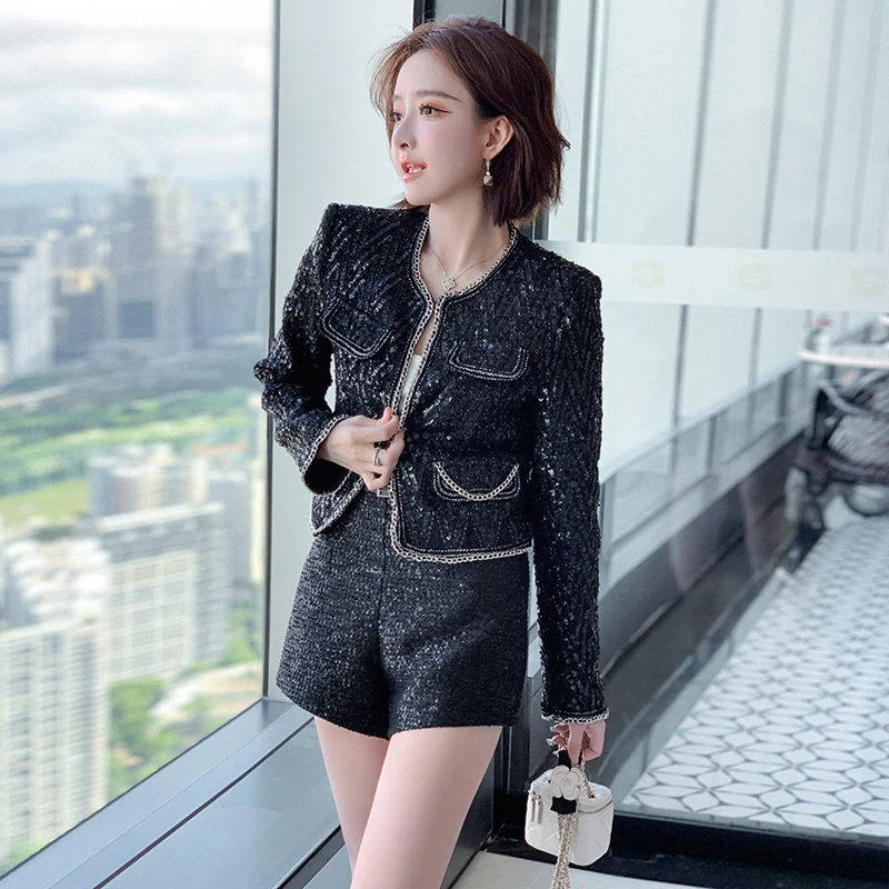 【现货】MIUCO黑色小香重工亮片粗花呢链条圆领直筒百搭外套女