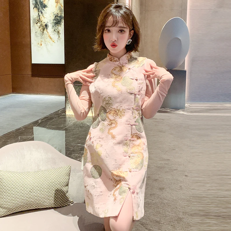 【现货】MIUCO温柔粉色织锦缎旗袍无袖背心裙+打底衫两件套