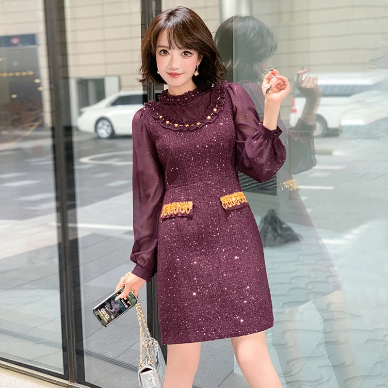 【现货】MIUCO木耳花边圆领假两件亮片粗花呢连衣裙女2024秋季